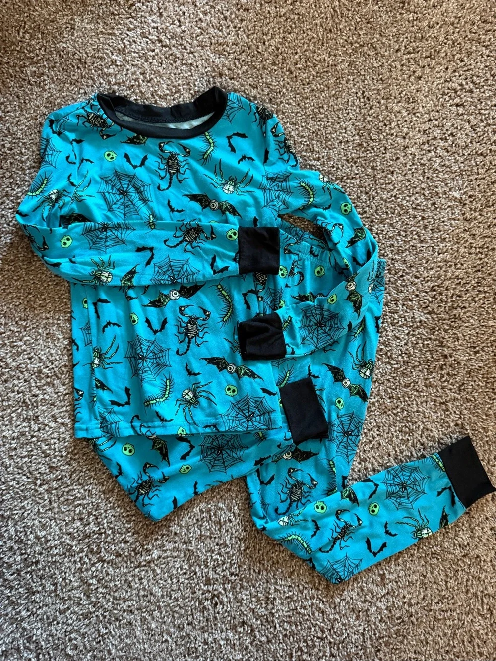 Teal Kids Halloween Pajama Set with Spider & Bat Print